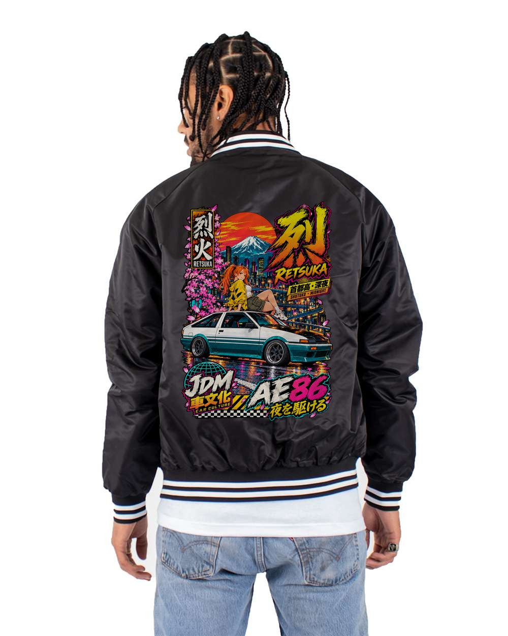 RETSUKA AE86 full-back artwork black bomber jacket back view with the design