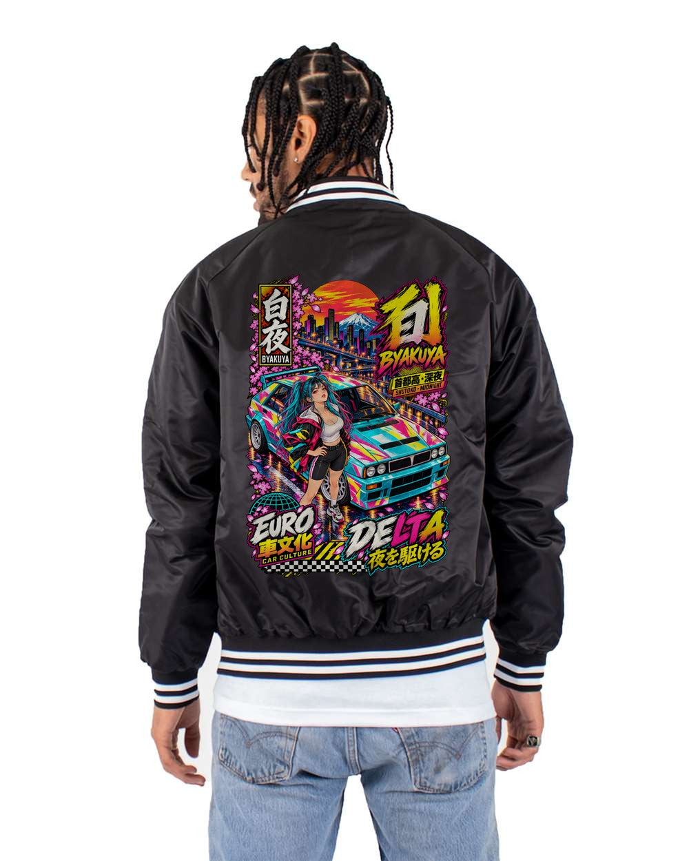 BYAKUYA DELTA full-back artwork black bomber jacket back view with the design