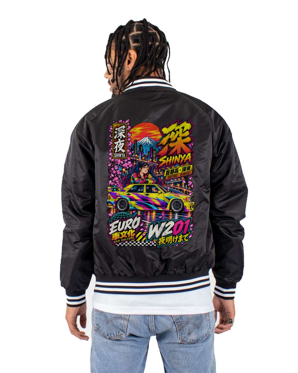 SHINYA W201 full-back artwork black bomber jacket back view with the design