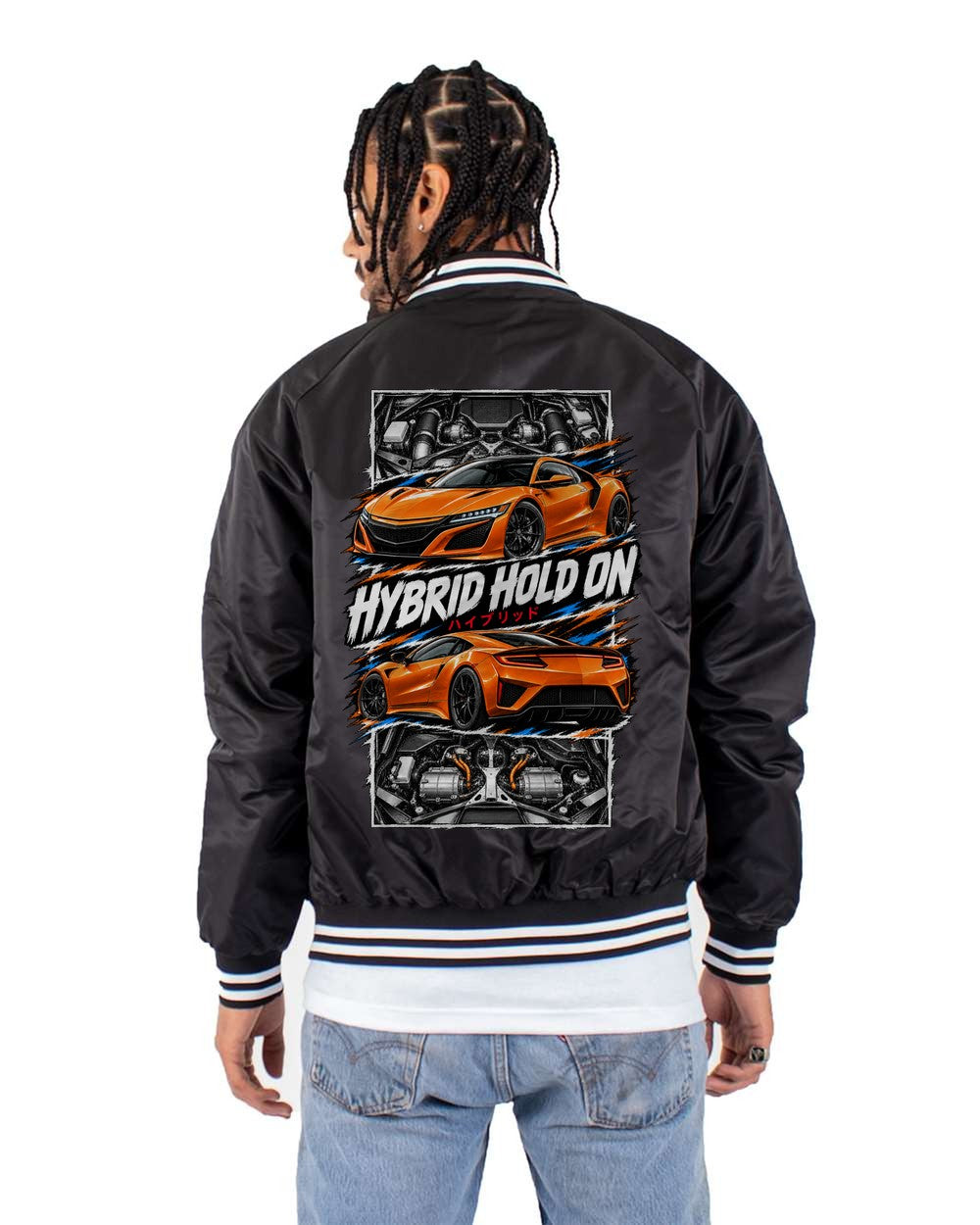 Acura NSX Nc1 torn poster black bomber jacket back view with the design