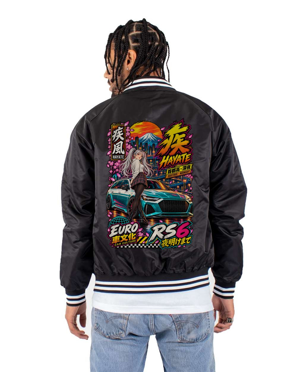 HAYATE RS6 full-back artwork black bomber jacket back view with the design