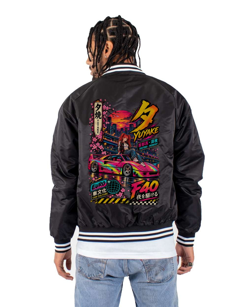 YUYAKE F40 full-back artwork black bomber jacket back view with the design