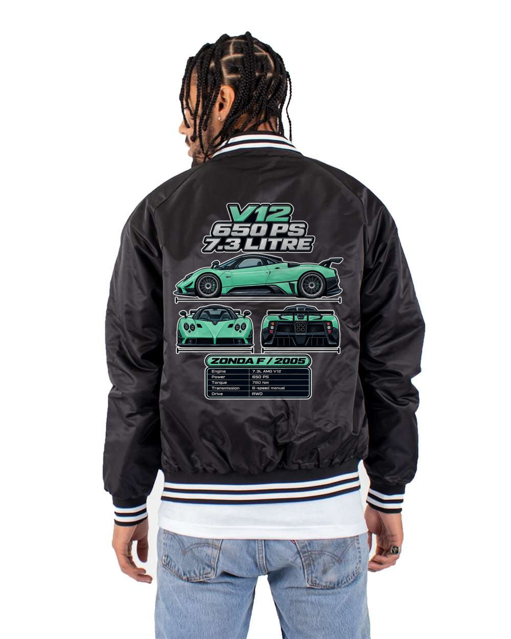 Pagani Zonda F spec sheet black bomber jacket back view with the design