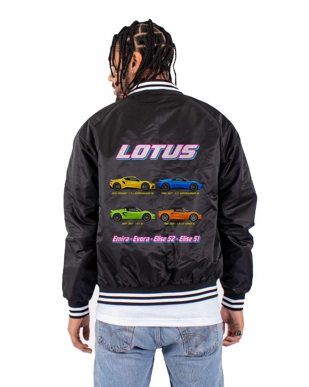 Lotus evolution poster black bomber jacket back view with the design