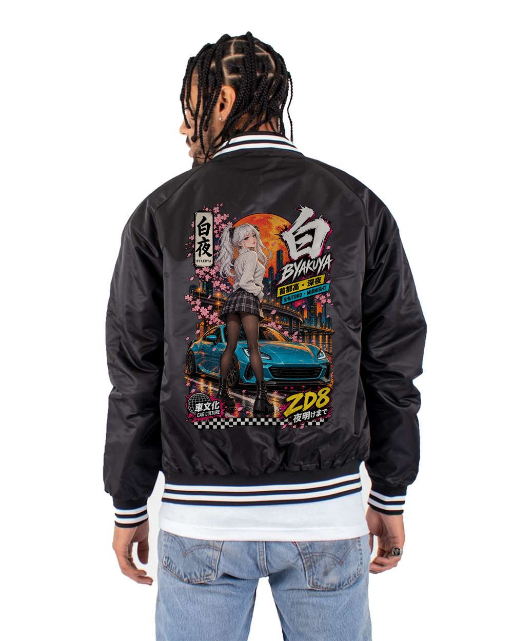 BYAKUYA ZD8 full-back artwork black bomber jacket back view with the design