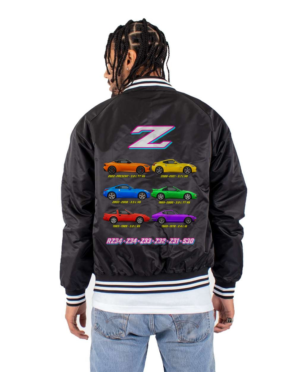Nissan Z evolution poster black bomber jacket back view with the design