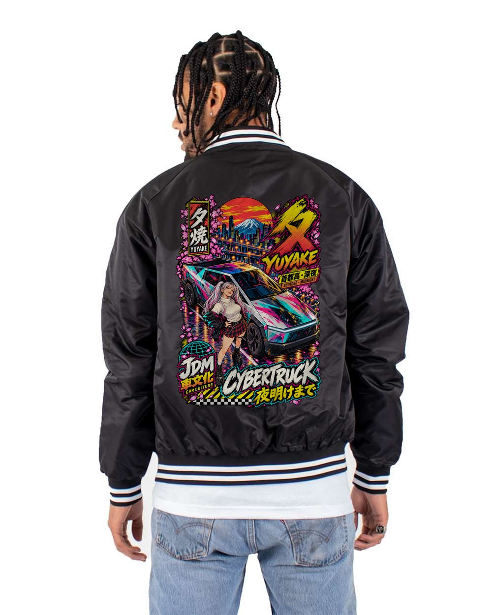 YUYAKE CYBERTRUCK full-back artwork black bomber jacket back view with the design