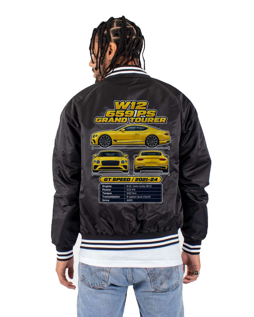 Bentley Continental Gt Speed spec sheet black bomber jacket back view with the design