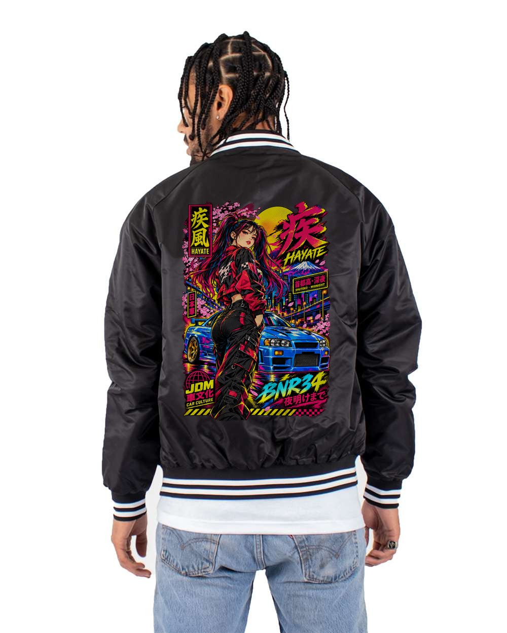 HAYATE BNR34 full-back artwork black bomber jacket back view with the design