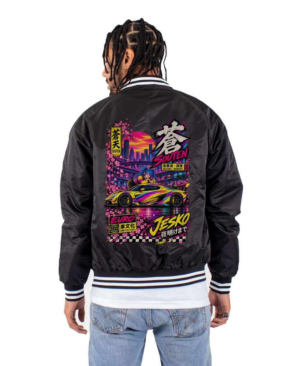SOUTEN JESKO full-back artwork black bomber jacket back view with the design