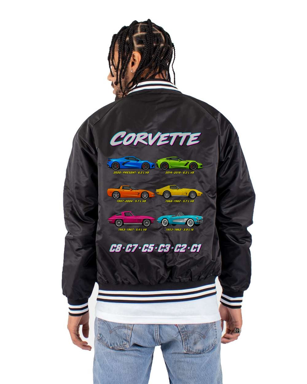Chevy Corvette evolution poster black bomber jacket back view with the design