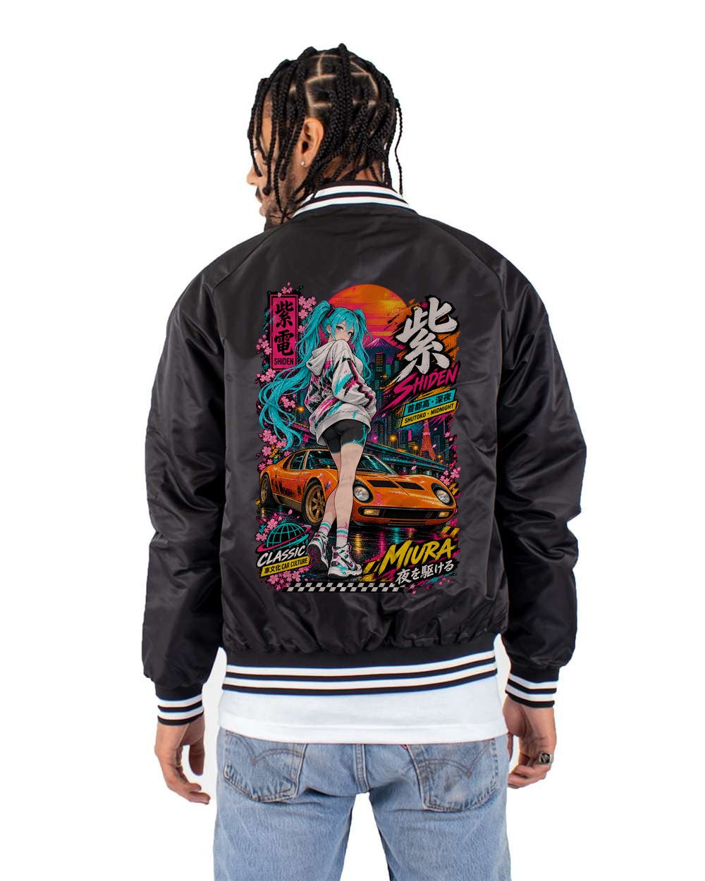 SHIDEN MIURA full-back artwork black bomber jacket back view with the design