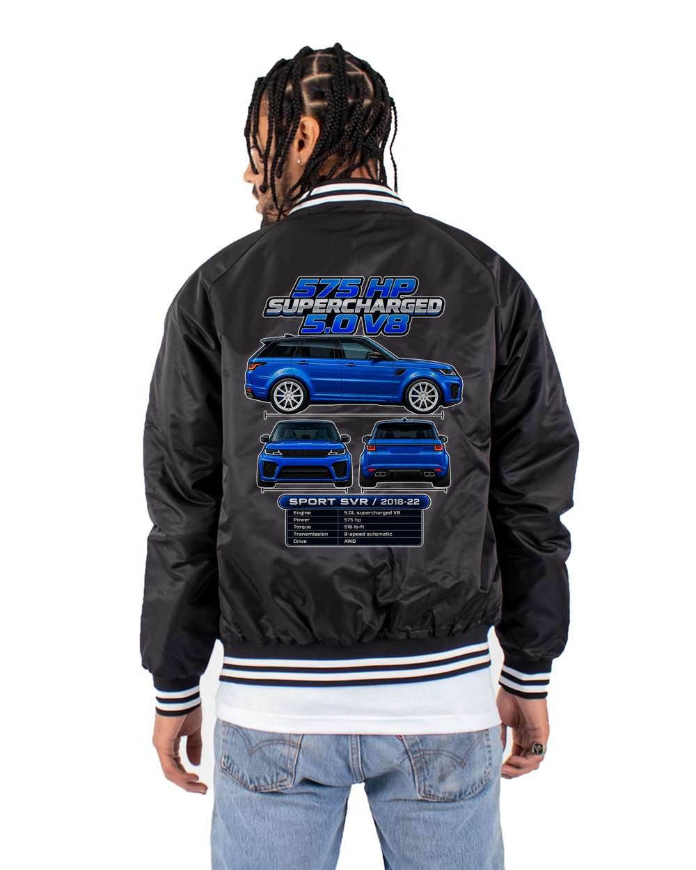 Range Rover Sport Svr spec sheet black bomber jacket back view with the design