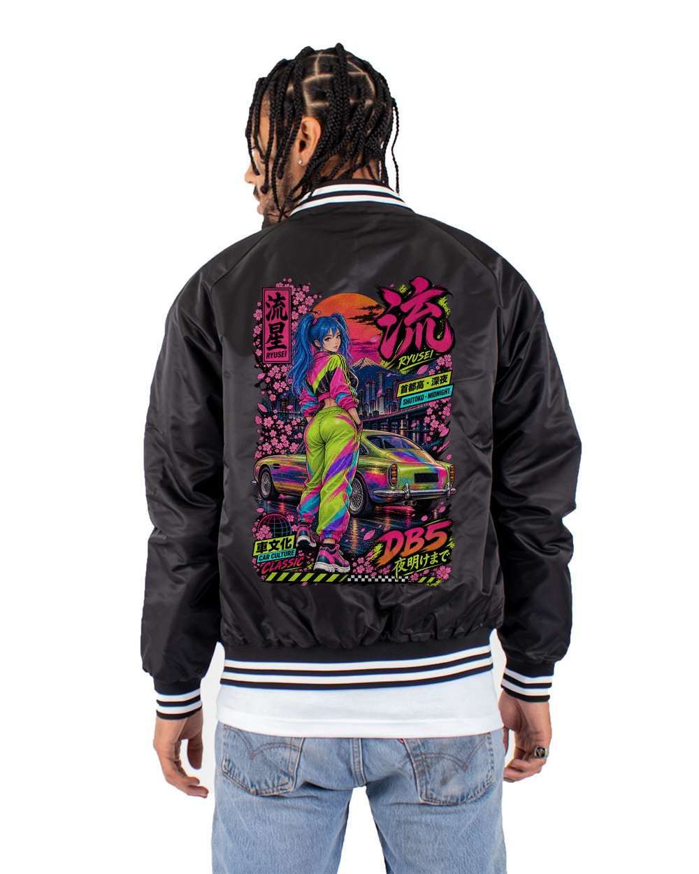 RYUSEI DB5 full-back artwork black bomber jacket back view with the design
