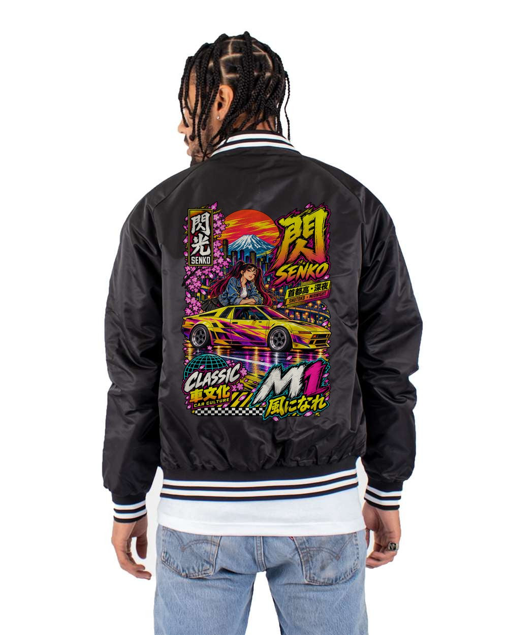 SENKO M1 full-back artwork black bomber jacket back view with the design