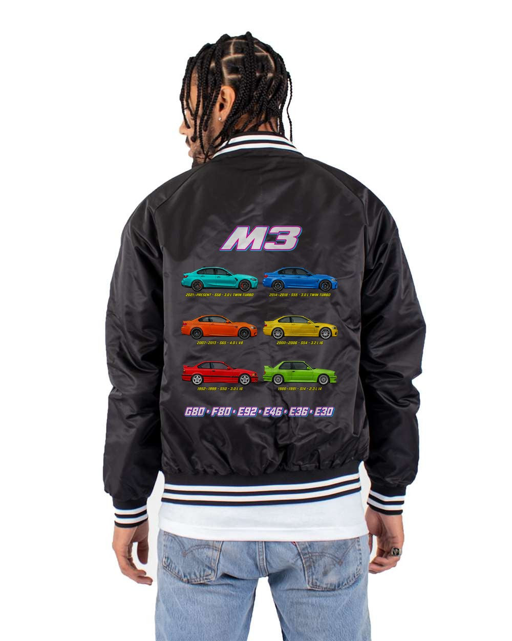 M3 evolution poster black bomber jacket back view with the design