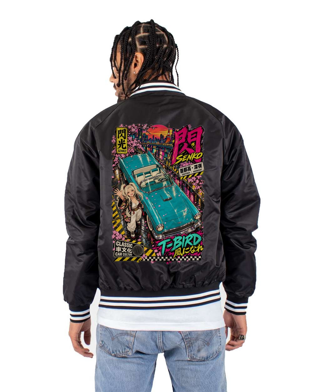 SENKO T-BIRD full-back artwork black bomber jacket back view with the design