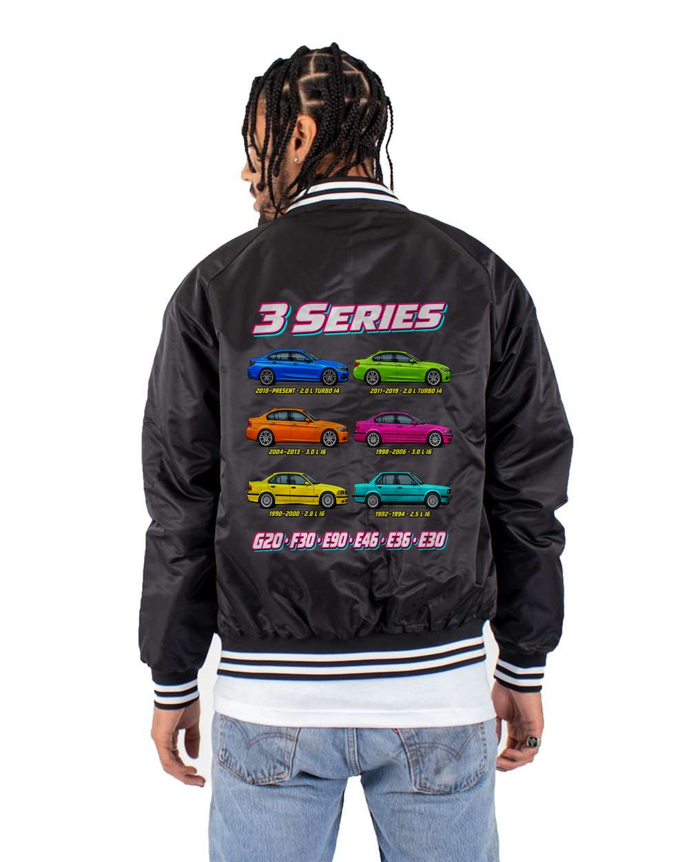 BMW 3 Series evolution poster black bomber jacket back view with the design