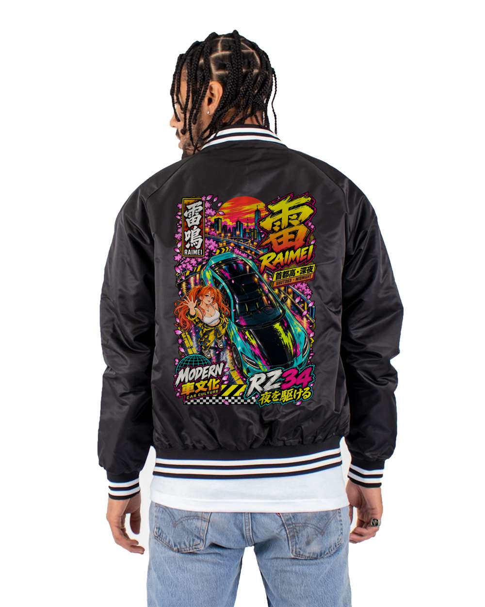 RAIMEI RZ34 full-back artwork black bomber jacket back view with the design
