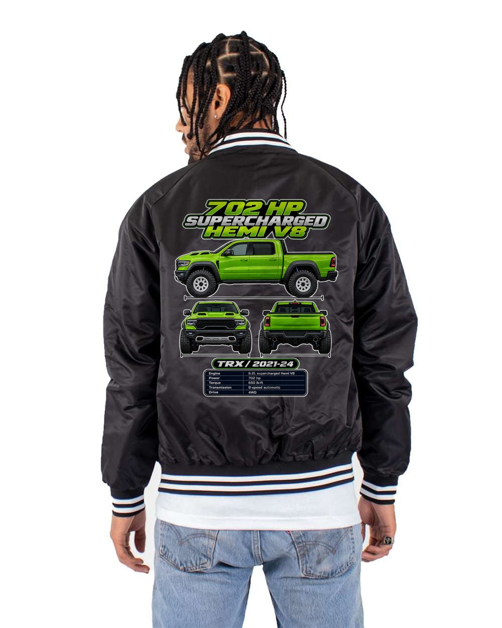 RAM 1500 Trx spec sheet black bomber jacket back view with the design