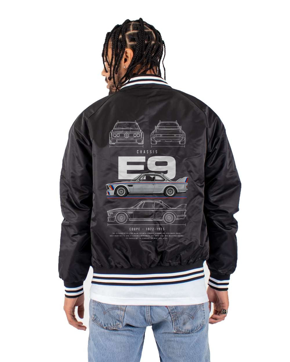 E9 full-back artwork black bomber jacket back view with the design