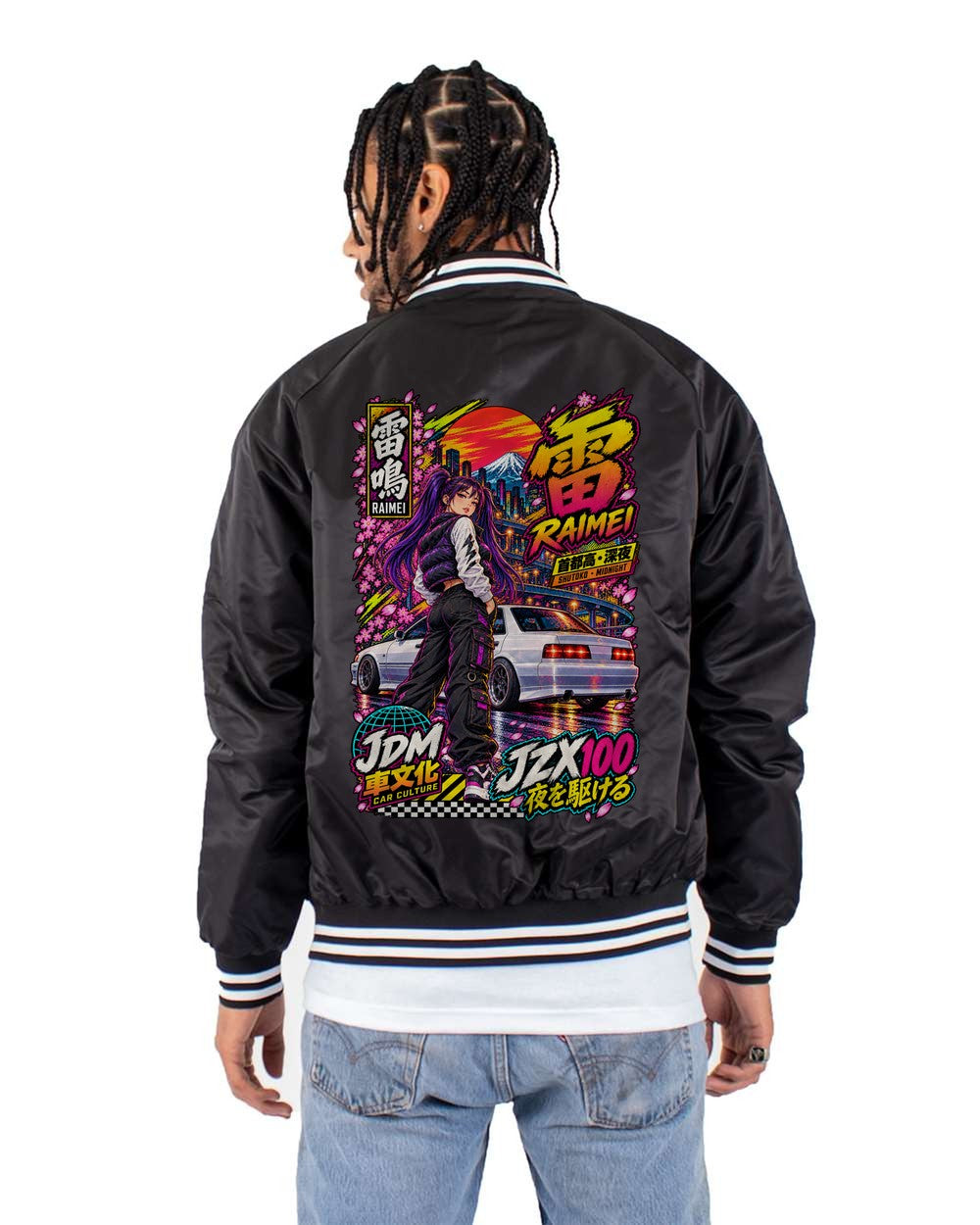 RAIMEI JZX100 full-back artwork black bomber jacket back view with the design