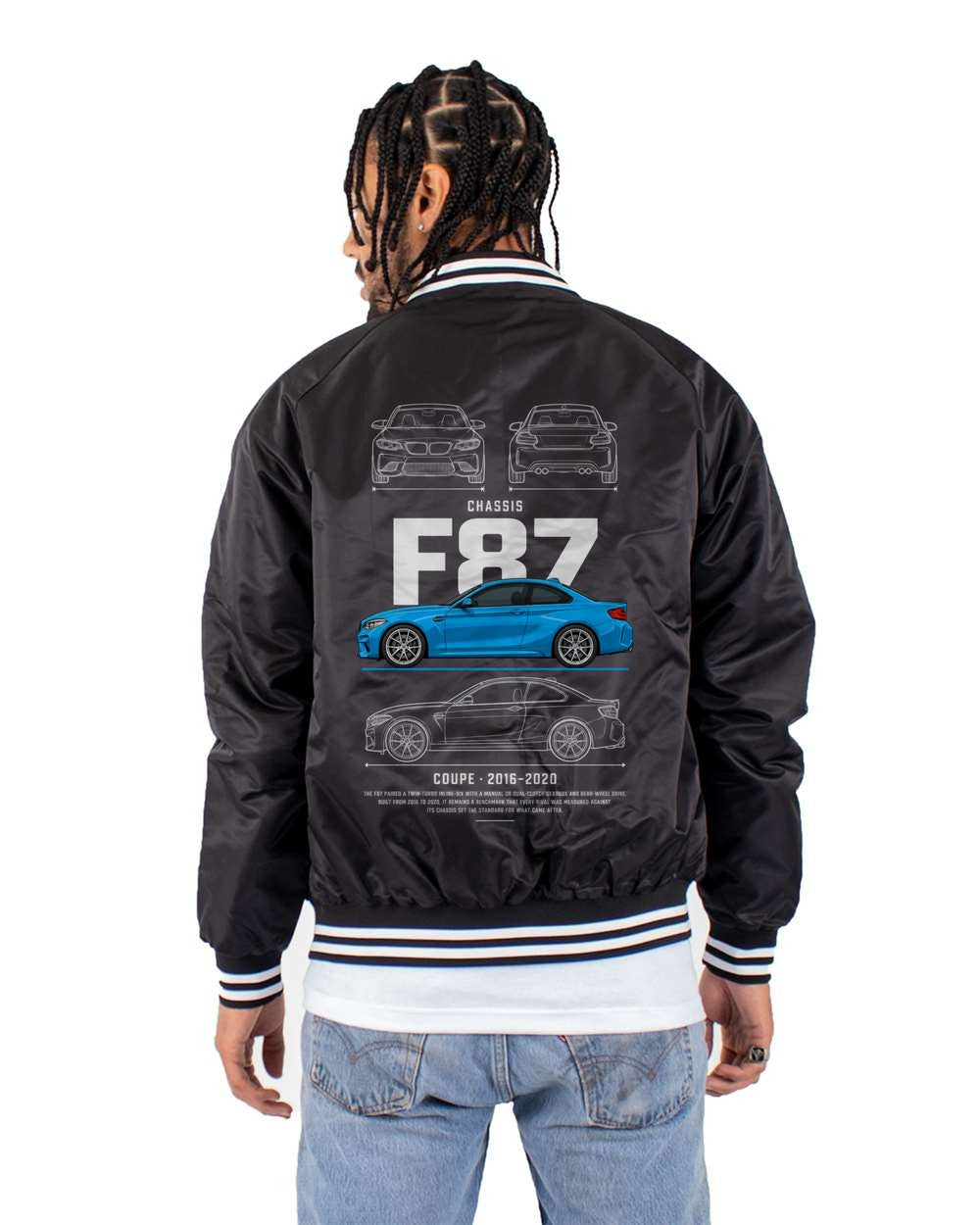 F87 full-back artwork black bomber jacket back view with the design