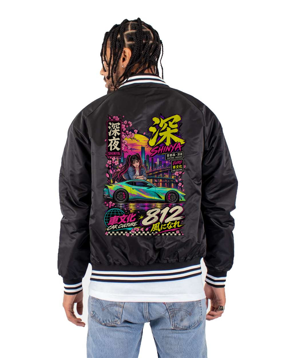 SHINYA 812 full-back artwork black bomber jacket back view with the design