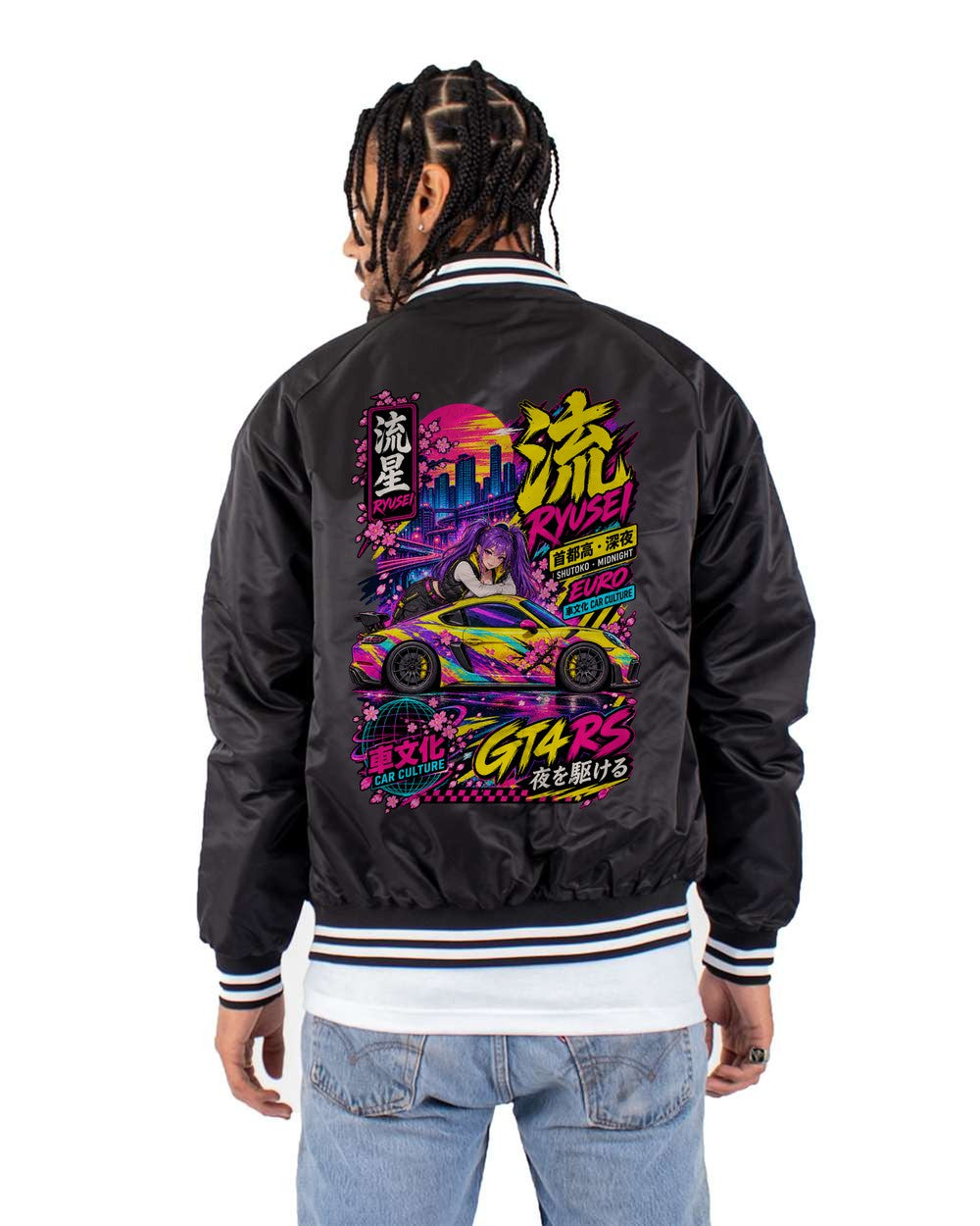 RYUSEI GT4 RS full-back artwork black bomber jacket back view with the design