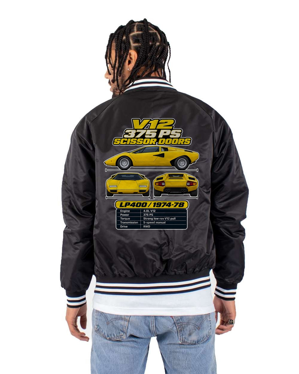 Lamborghini Countach Lp400 spec sheet black bomber jacket back view with the design