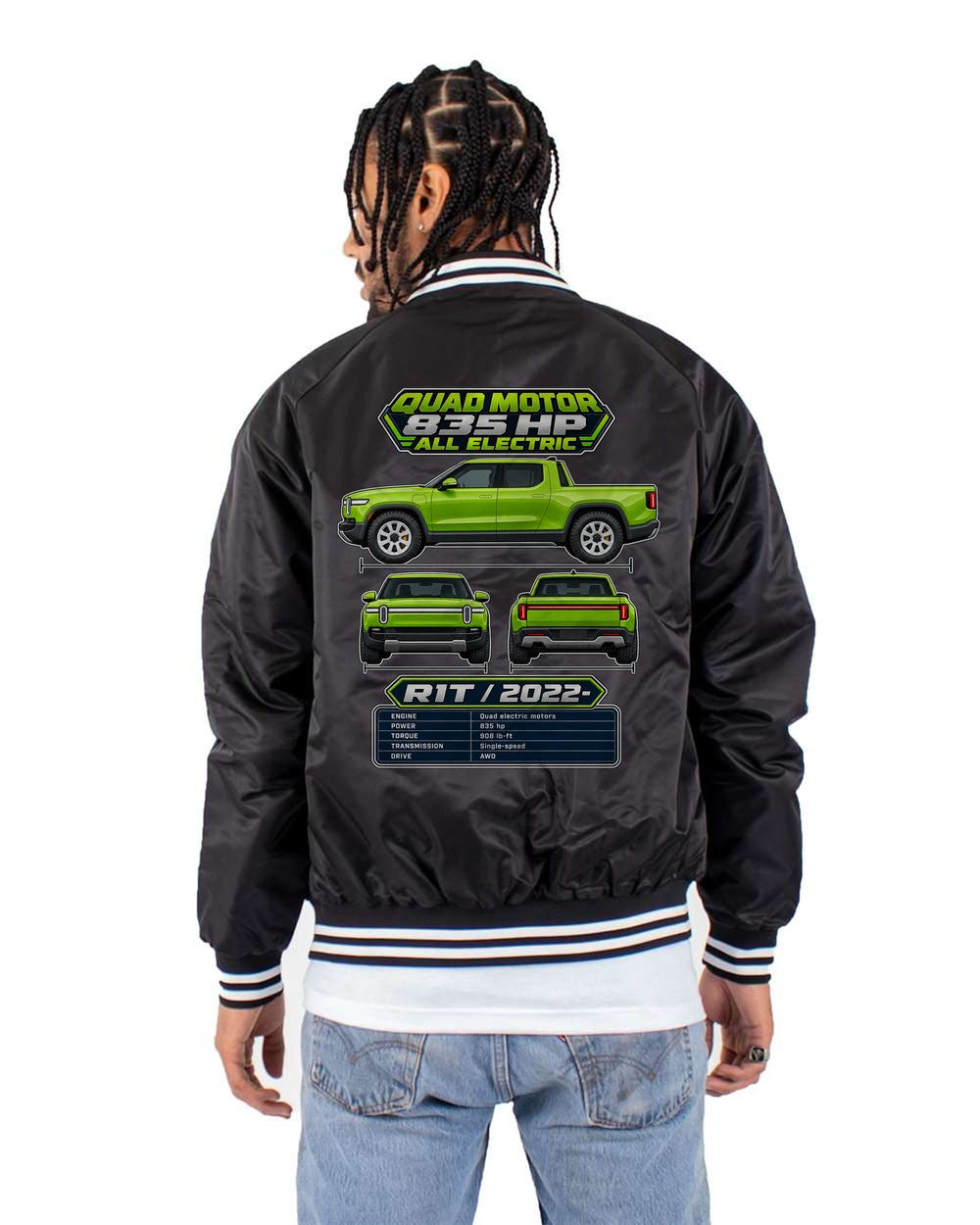 Rivian R1T spec sheet black bomber jacket back view with the design