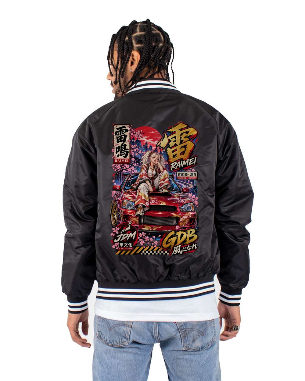 RAIMEI GDB full-back artwork black bomber jacket back view with the design