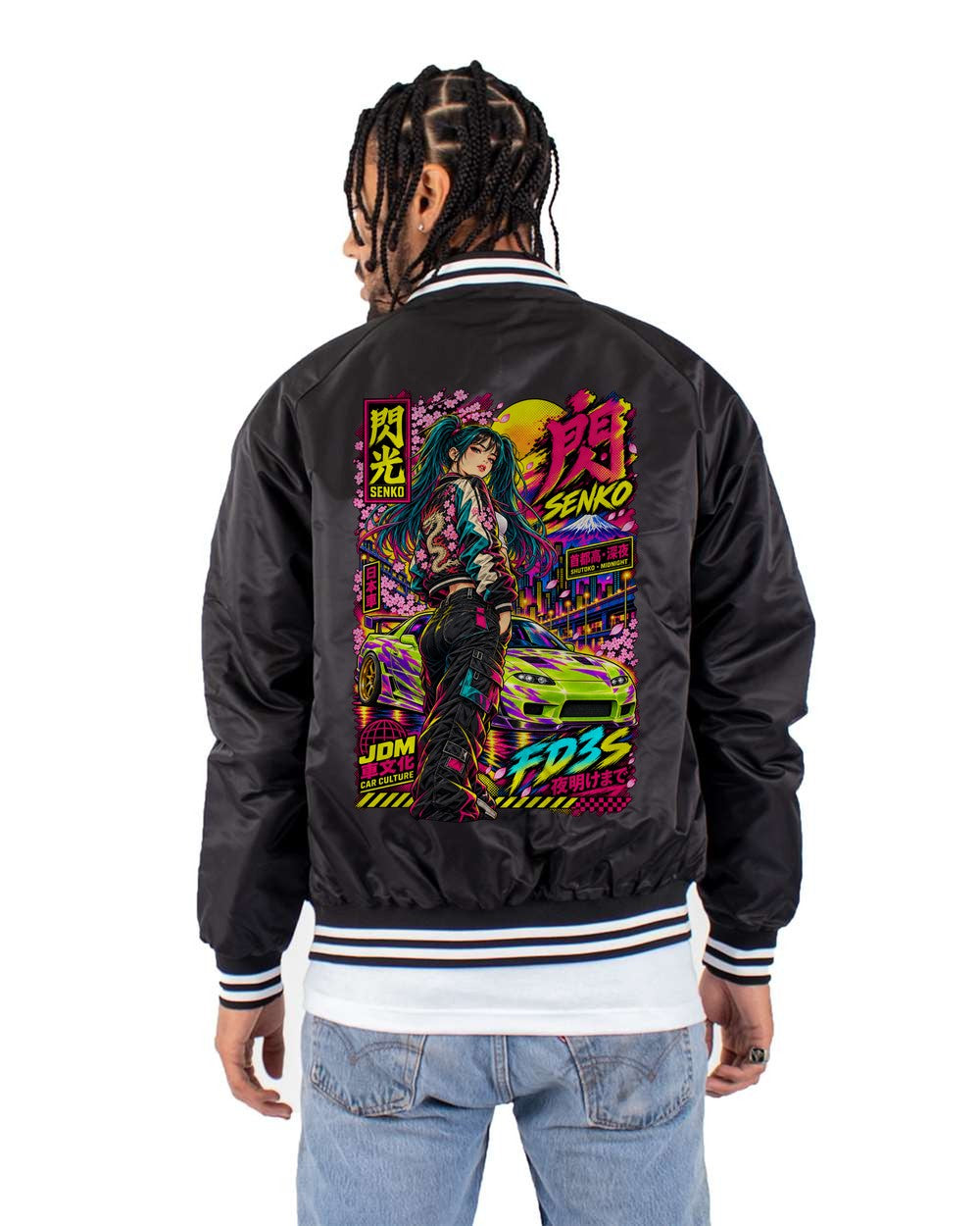 SENKO FD3S full-back artwork black bomber jacket back view with the design