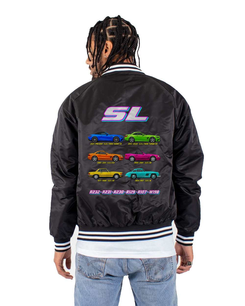 Mercedes SL evolution poster black bomber jacket back view with the design