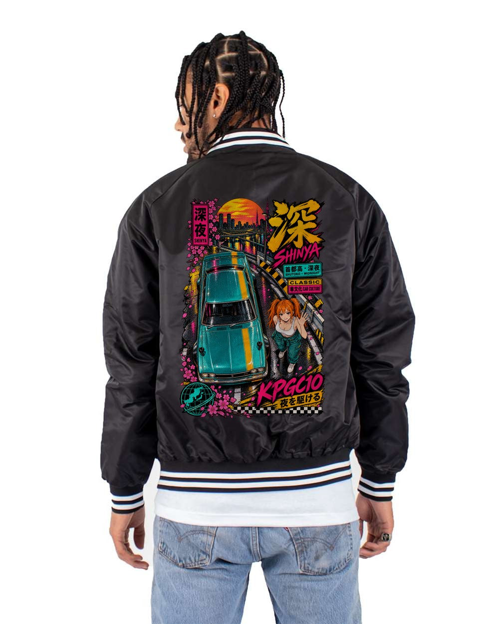 SHINYA KPGC10 full-back artwork black bomber jacket back view with the design