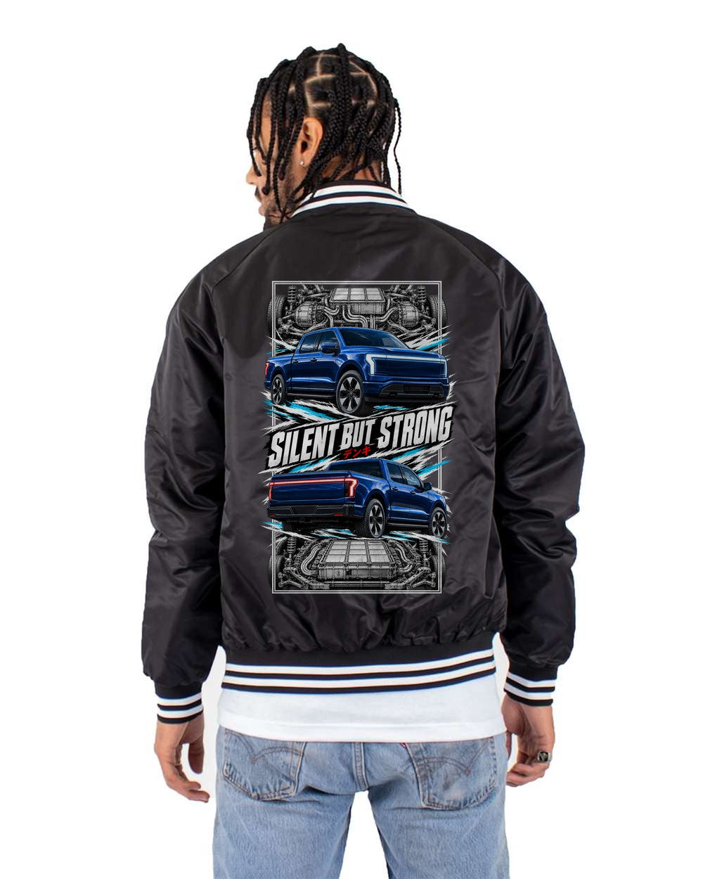 Ford F-150 Lightning torn poster black bomber jacket back view with the design