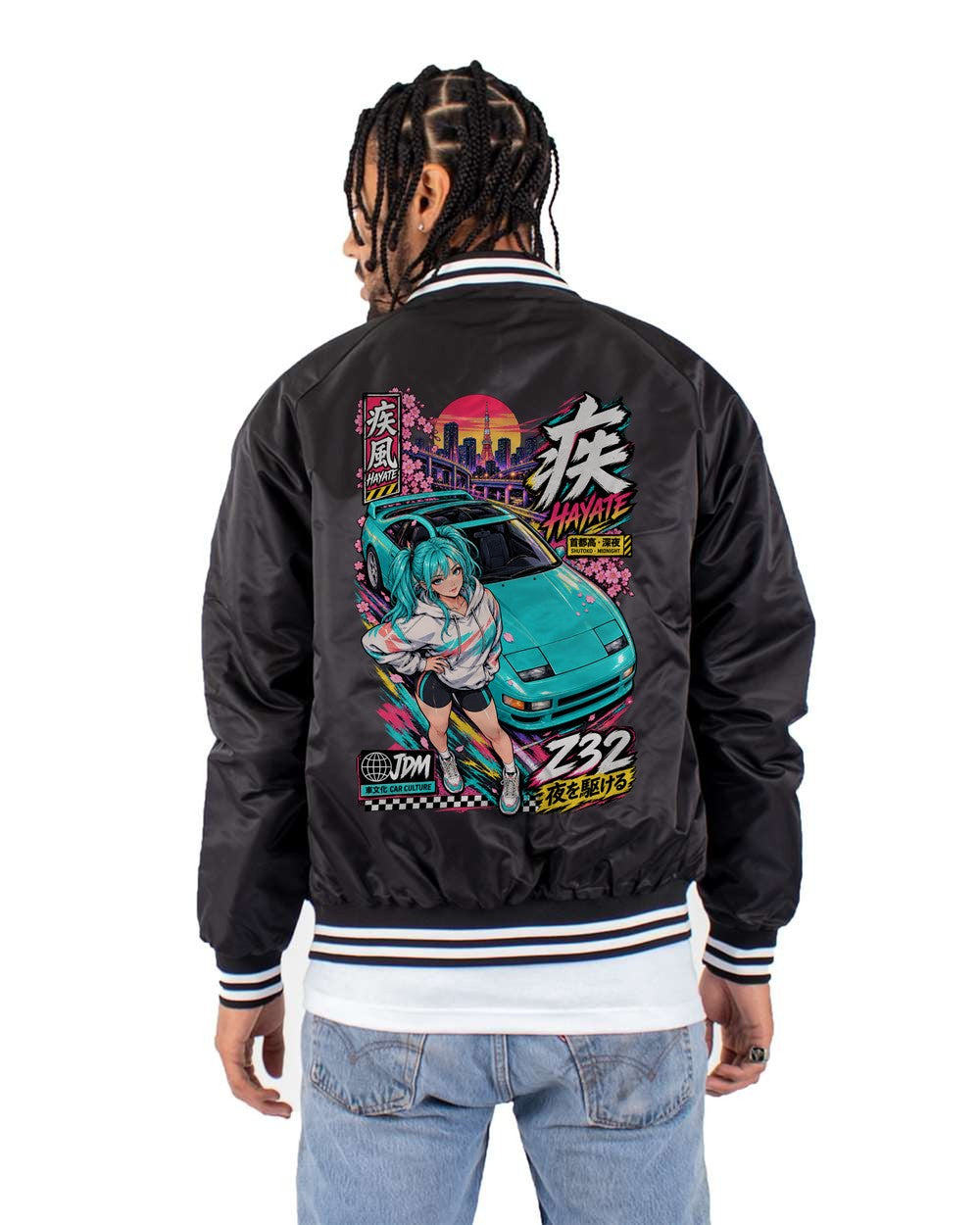 HAYATE Z32 full-back artwork black bomber jacket back view with the design