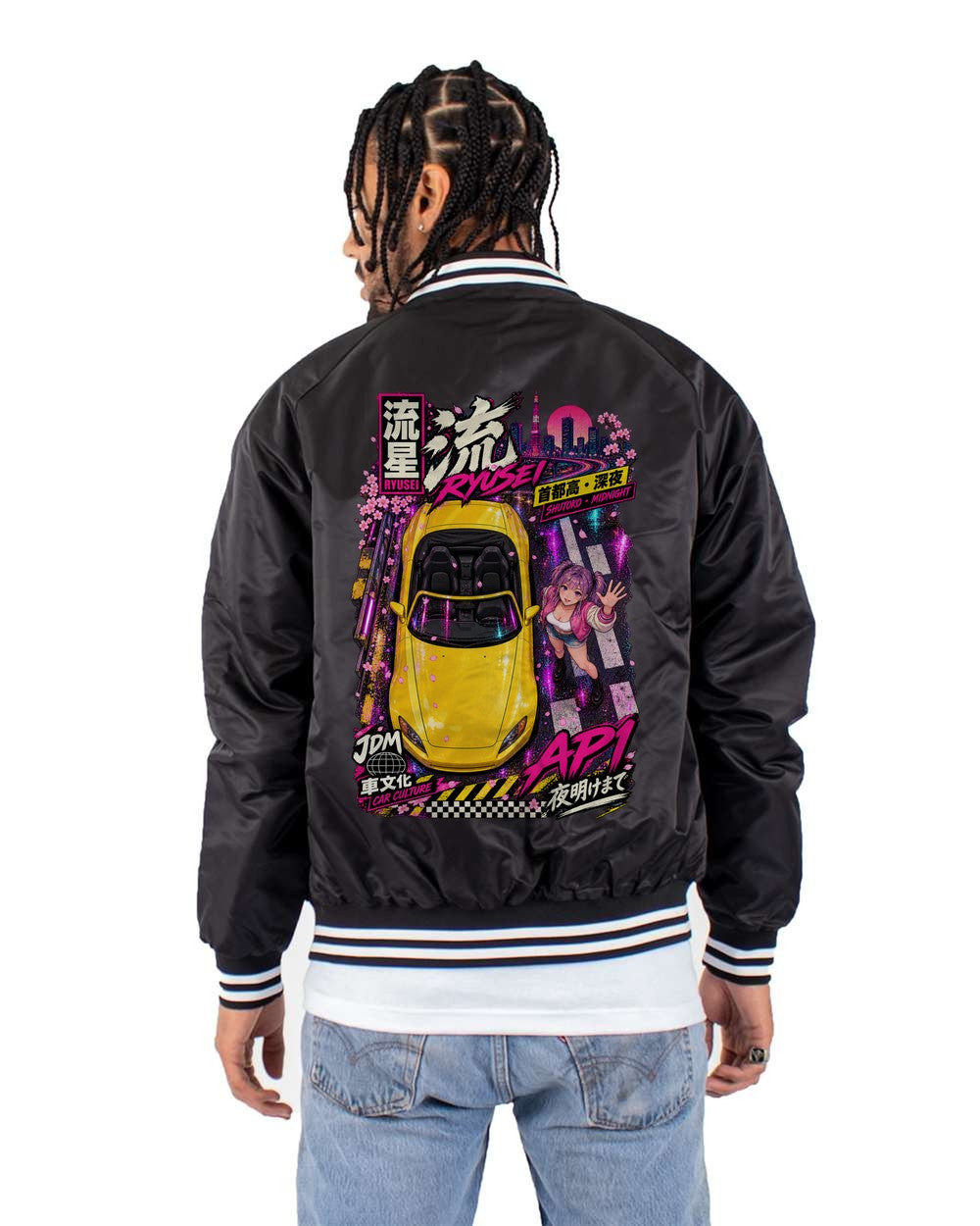 RYUSEI AP1 full-back artwork black bomber jacket back view with the design