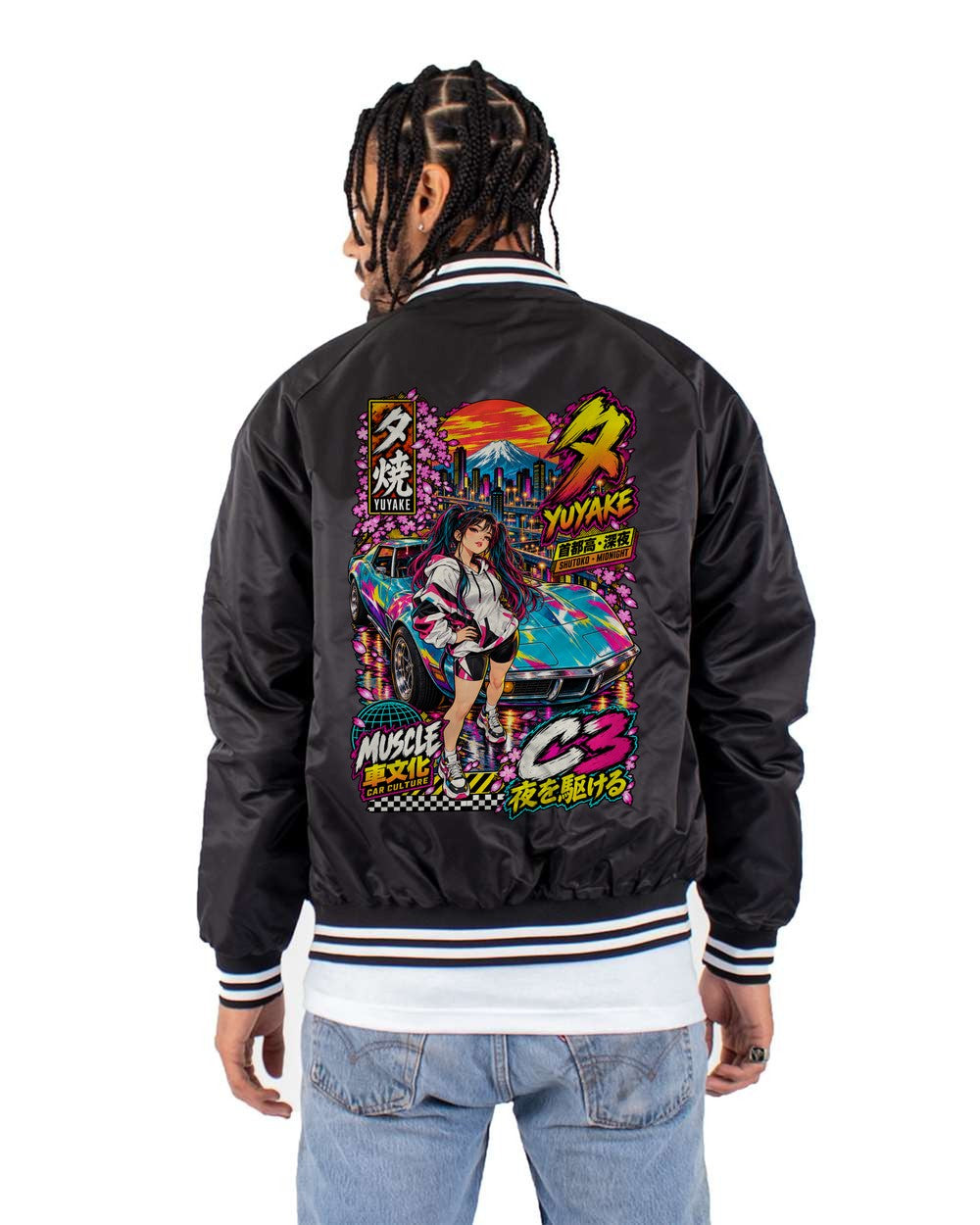 YUYAKE C3 full-back artwork black bomber jacket back view with the design