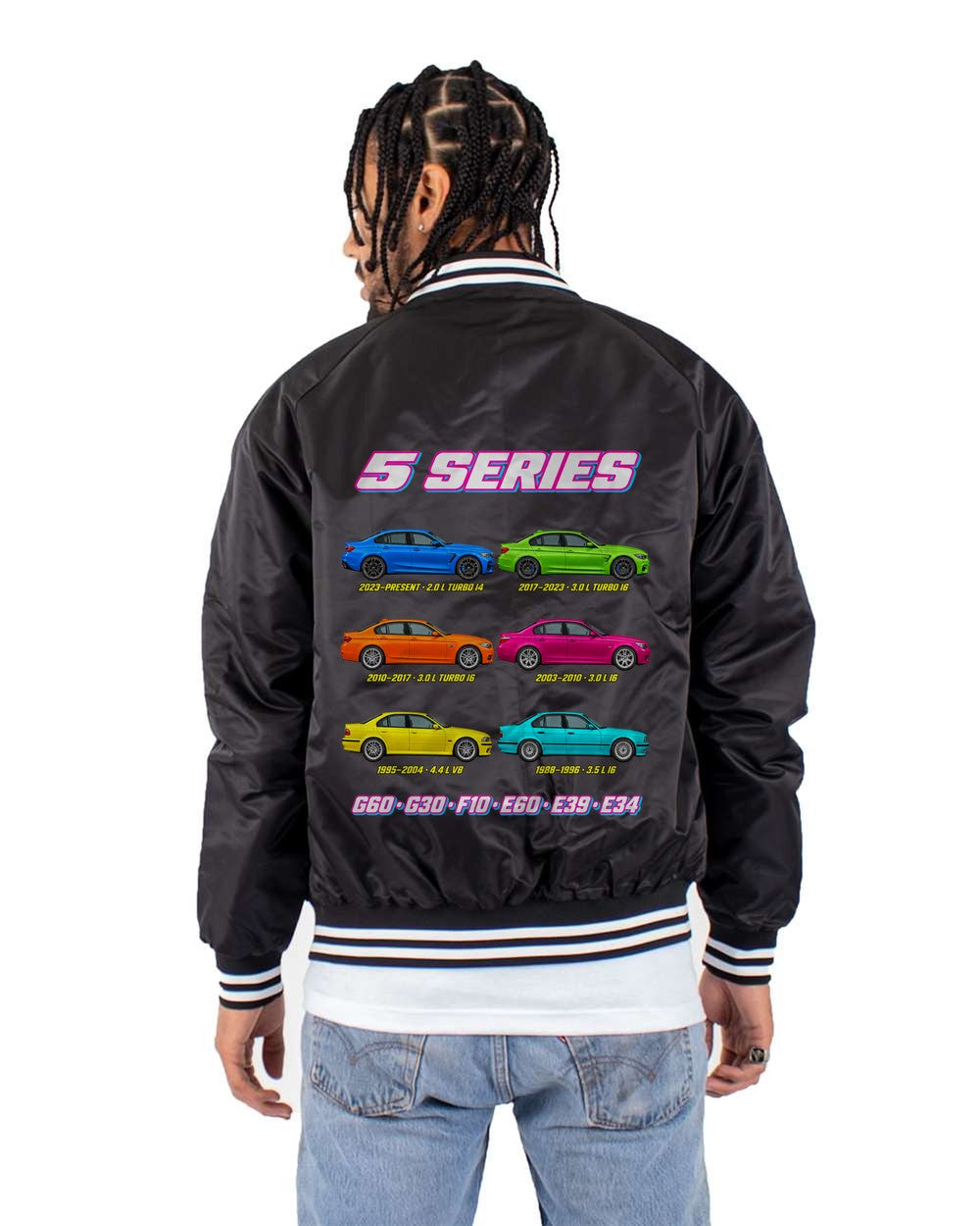 BMW 5 Series evolution poster black bomber jacket back view with the design