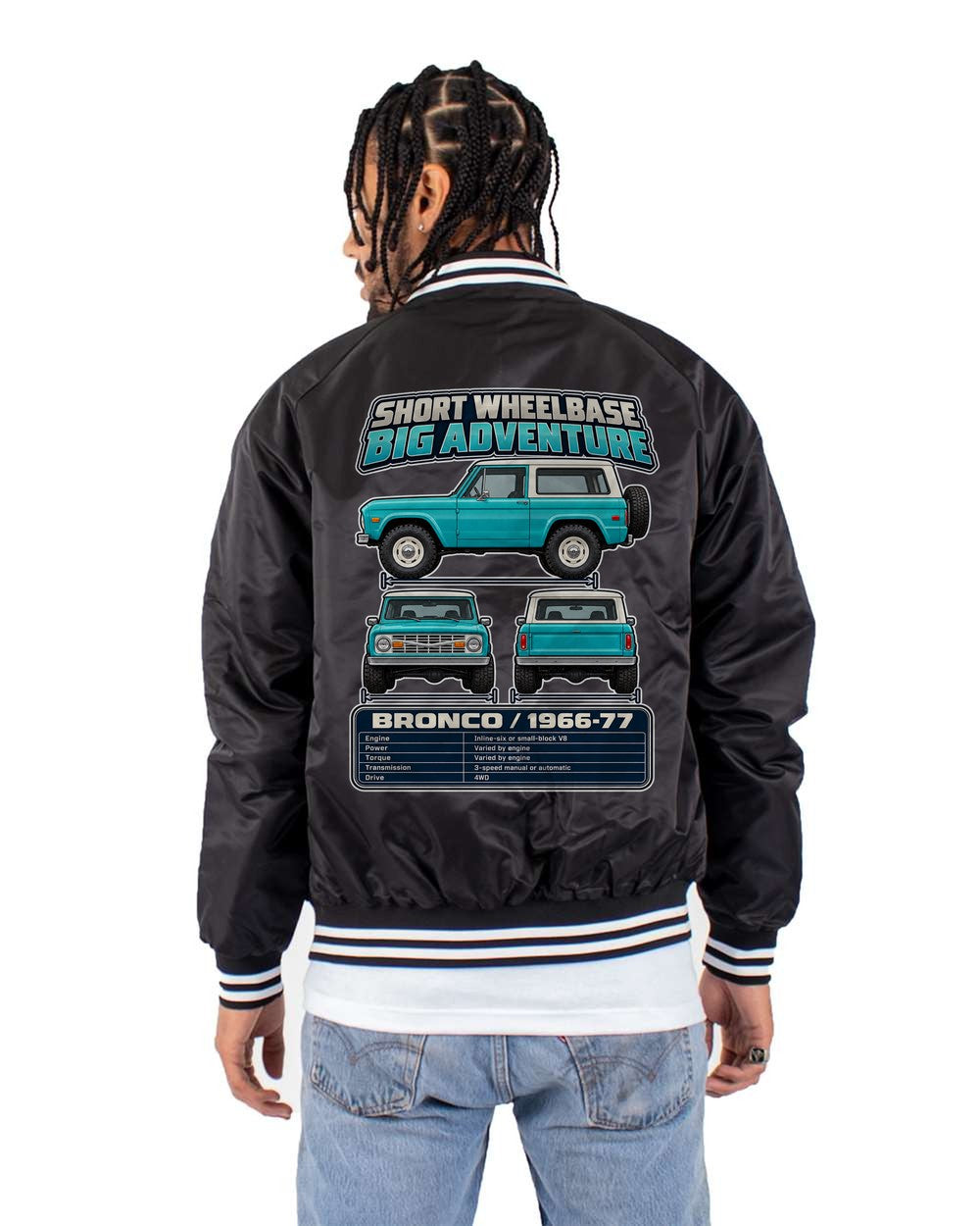 Ford Early Bronco spec sheet black bomber jacket back view with the design