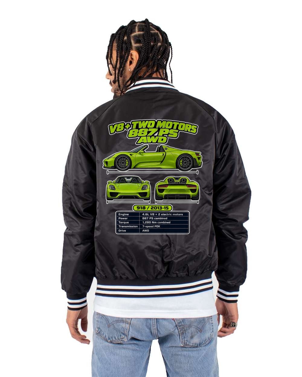 Porsche 918 Spyder spec sheet black bomber jacket back view with the design