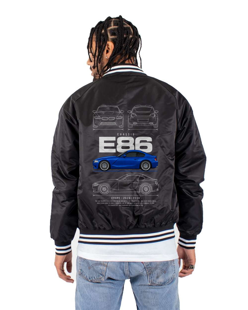 E86 full-back artwork black bomber jacket back view with the design