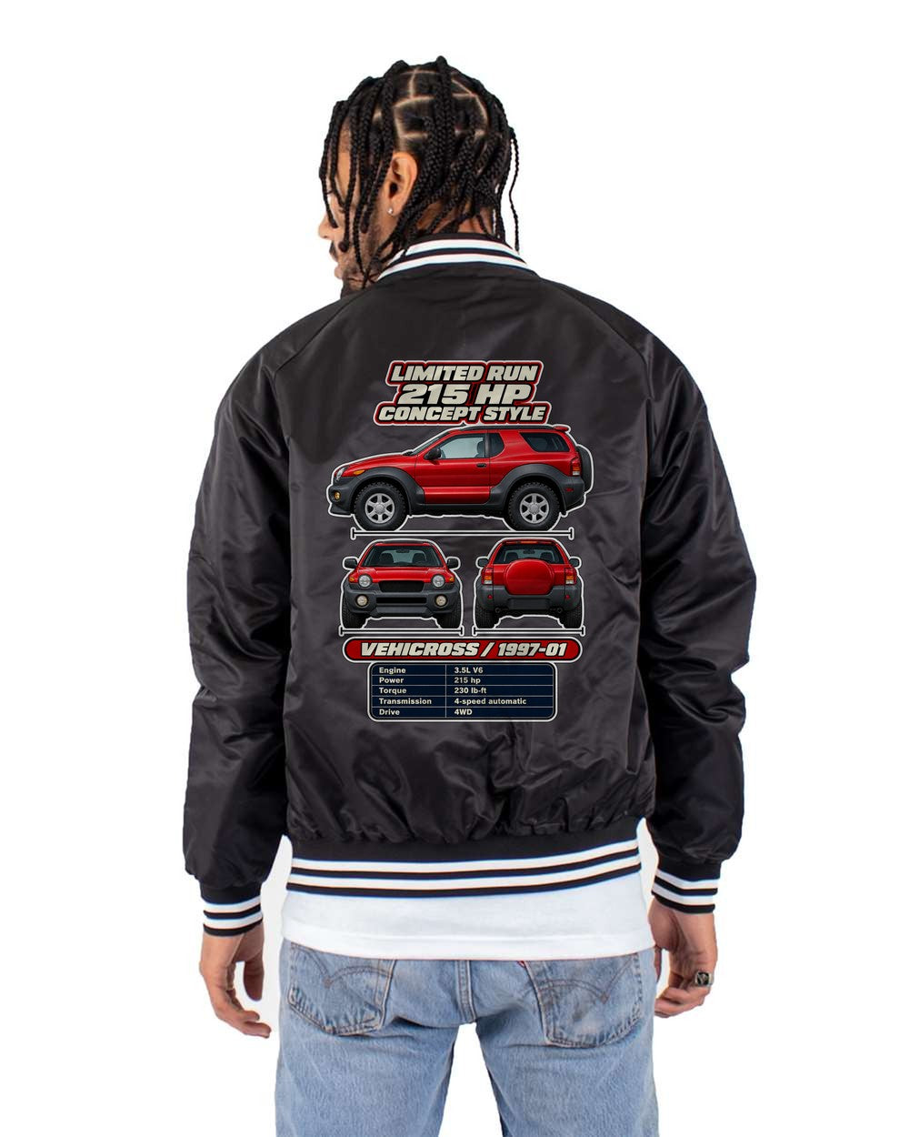 Isuzu Vehicross spec sheet black bomber jacket back view with the design