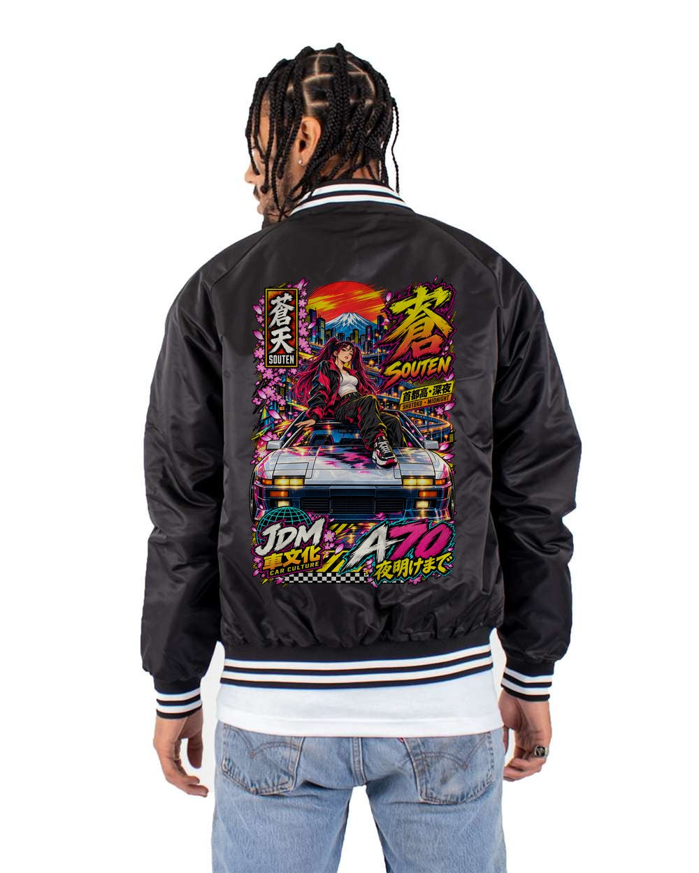 SOUTEN A70 full-back artwork black bomber jacket back view with the design