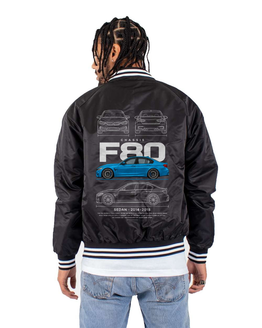 F80 full-back artwork black bomber jacket back view with the design