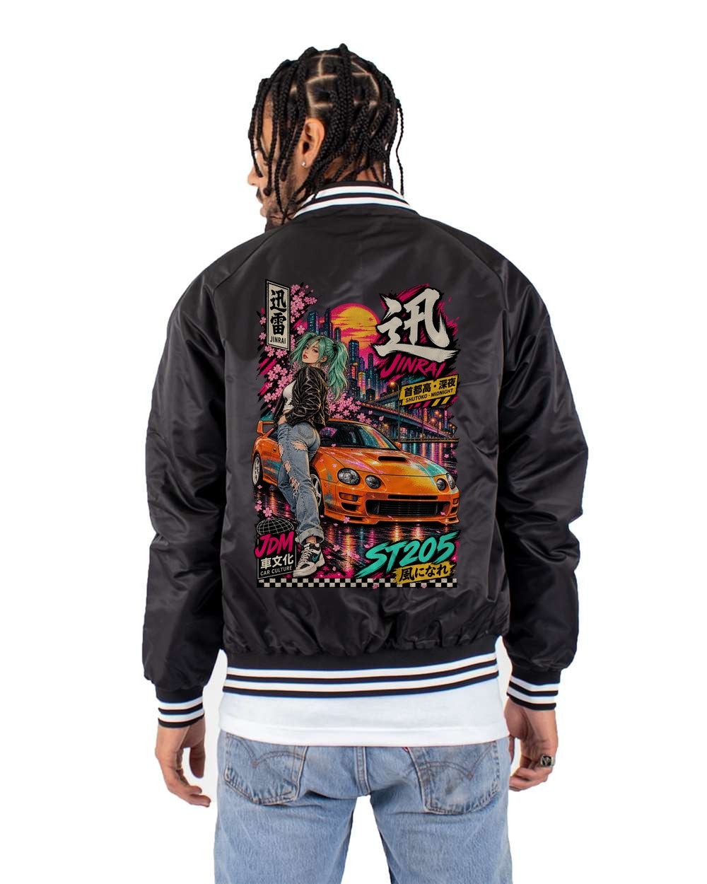 JINRAI ST205 full-back artwork black bomber jacket back view with the design