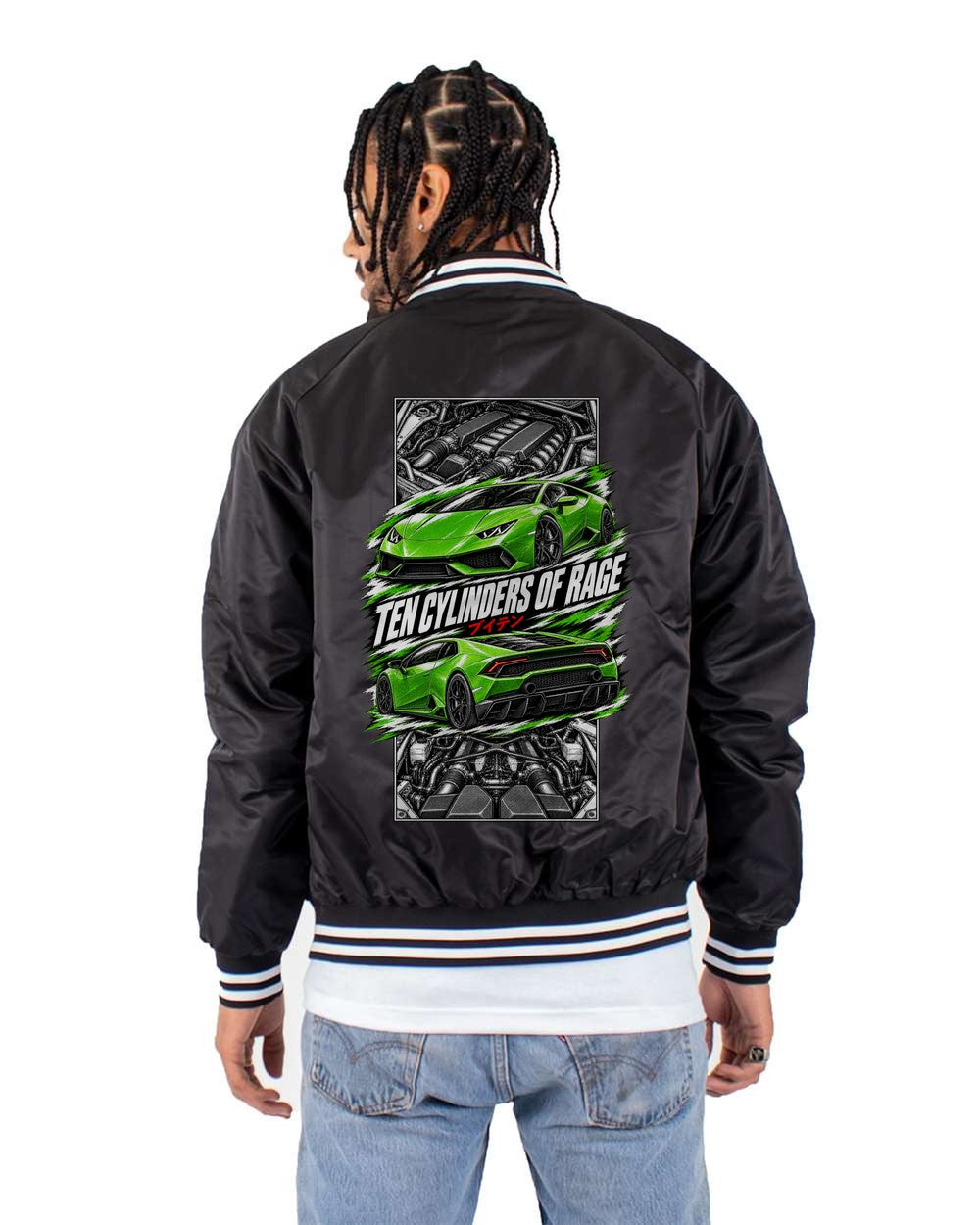 Lamborghini Huracan torn poster black bomber jacket back view with the design