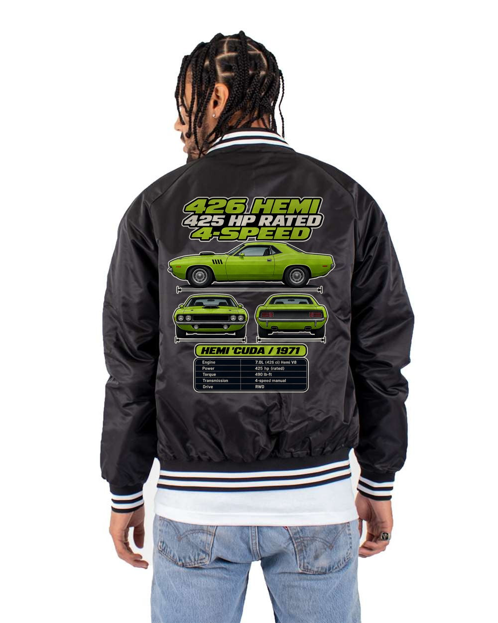 Plymouth Hemi Cuda 1971 spec sheet black bomber jacket back view with the design