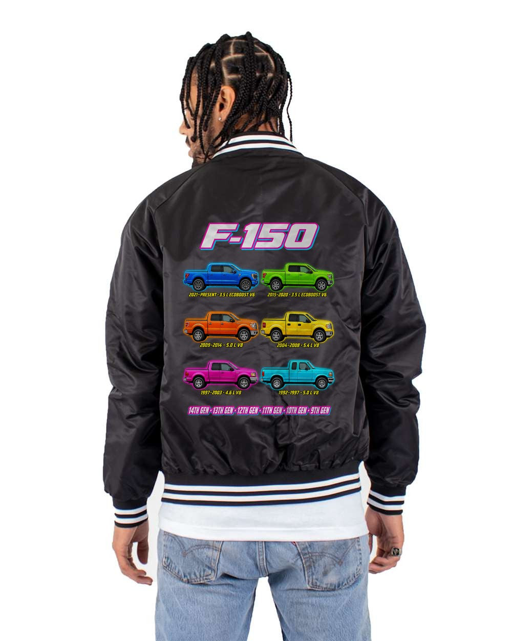 Ford F-150 evolution poster black bomber jacket back view with the design